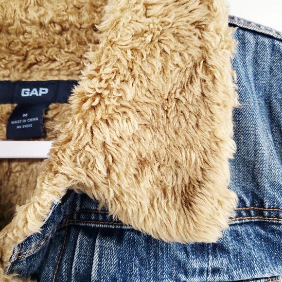 GAP Blue Jean Brown Faux Fur Lined Collared Trucker Jacket Women's Size M - Picture 4 of 10
